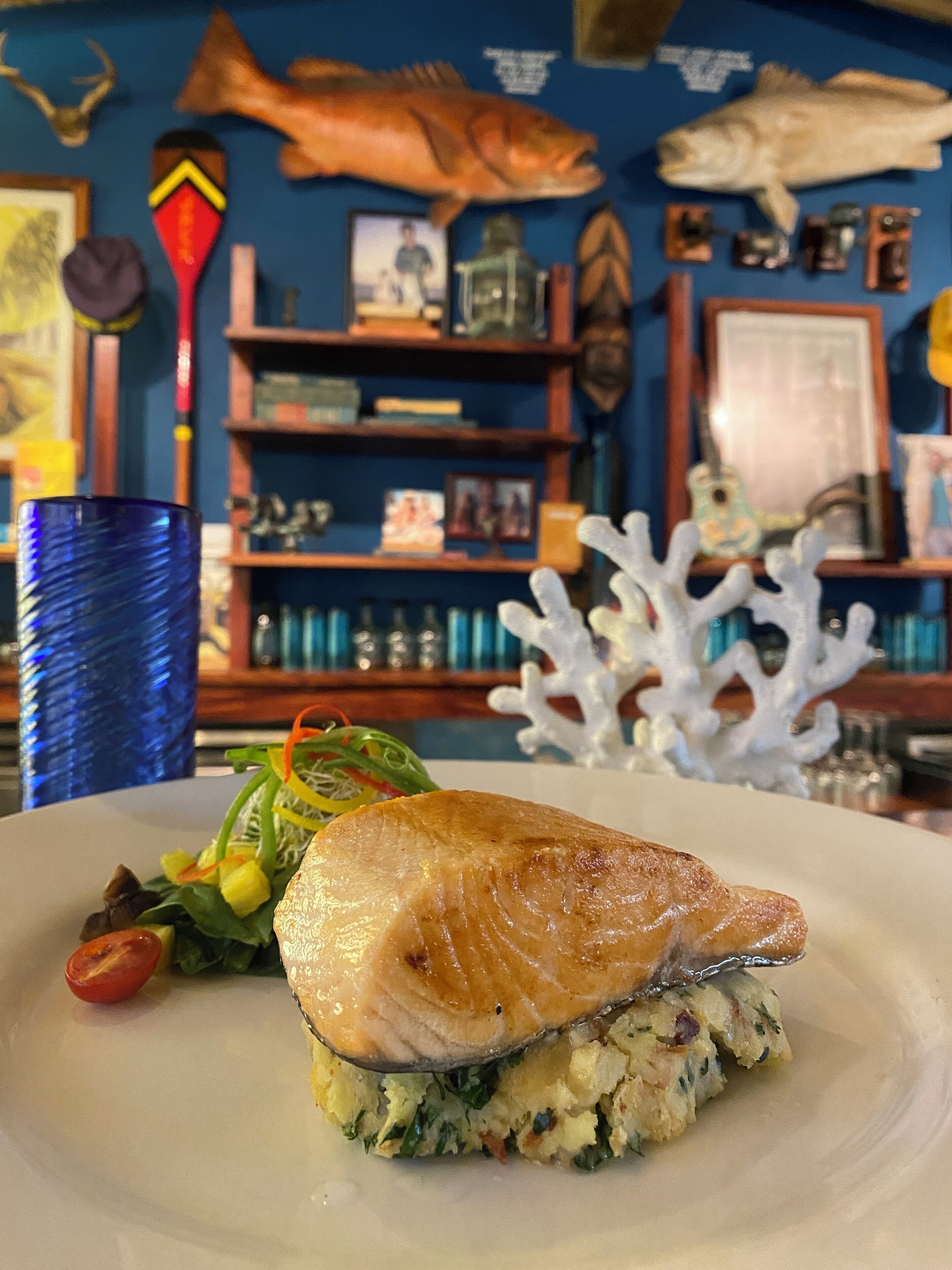 A plate with a piece of fish and a salad, set against a backdrop of a room with a fish wall and various decorations.
