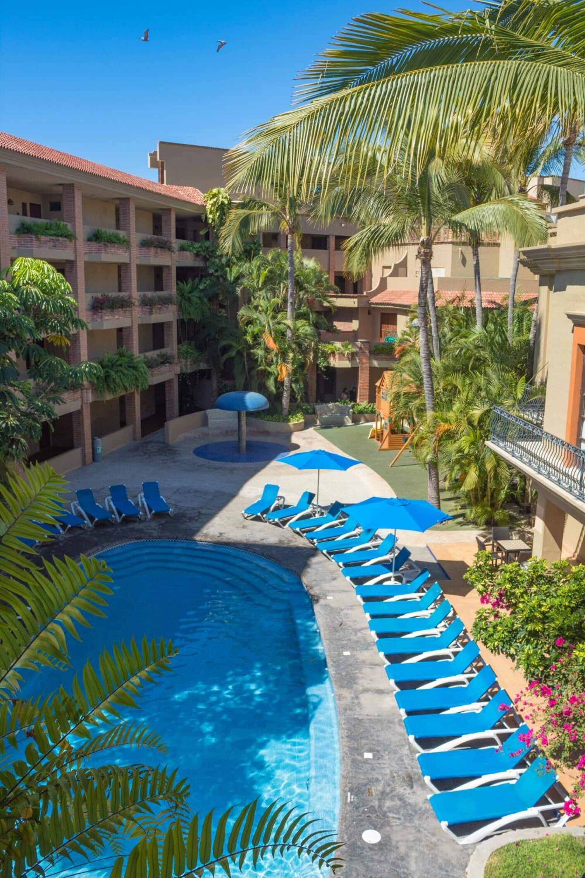 A pool area with blue lounge chairs and palm trees.