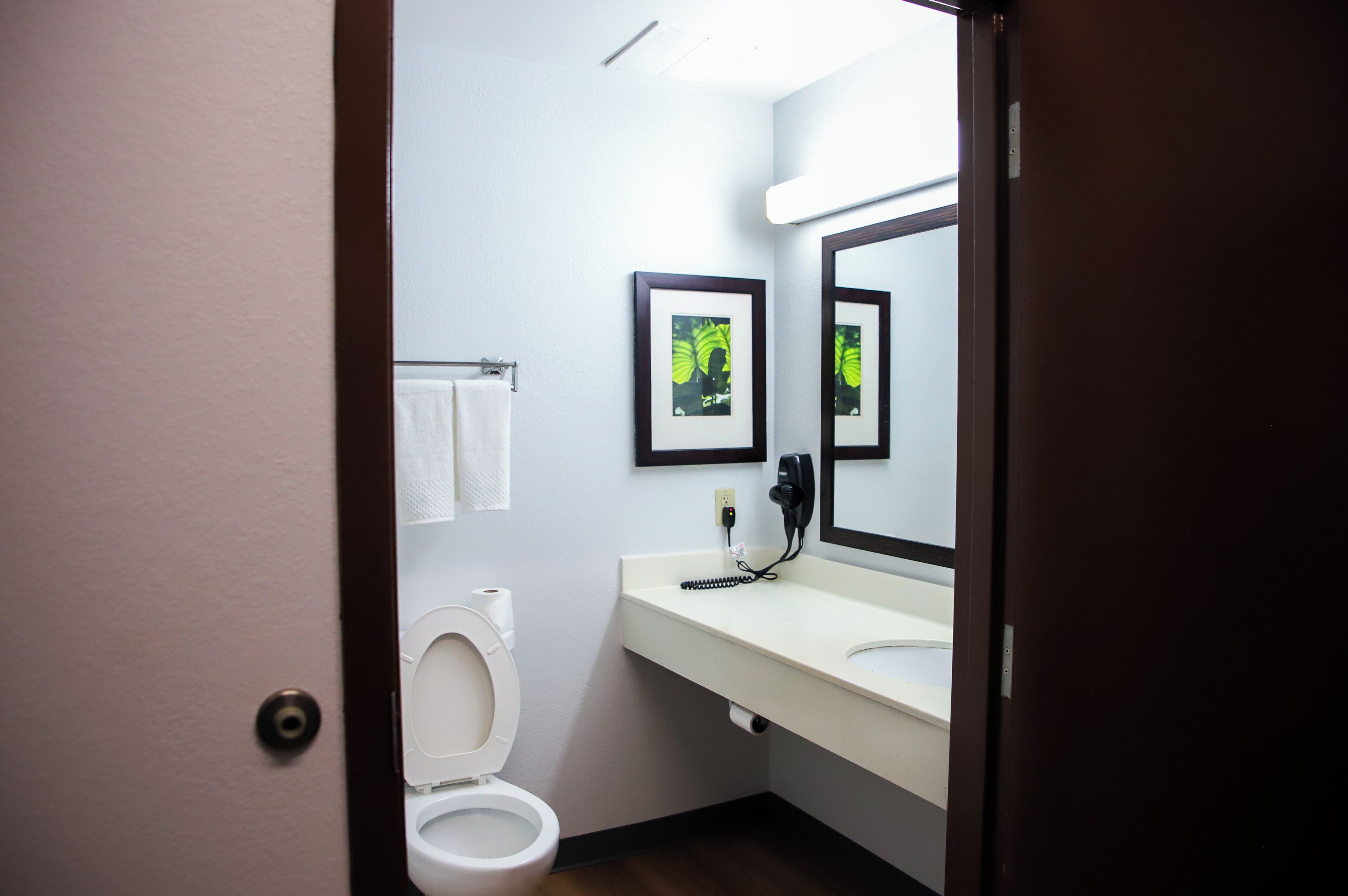 A bathroom with a toilet, sink, and mirror.