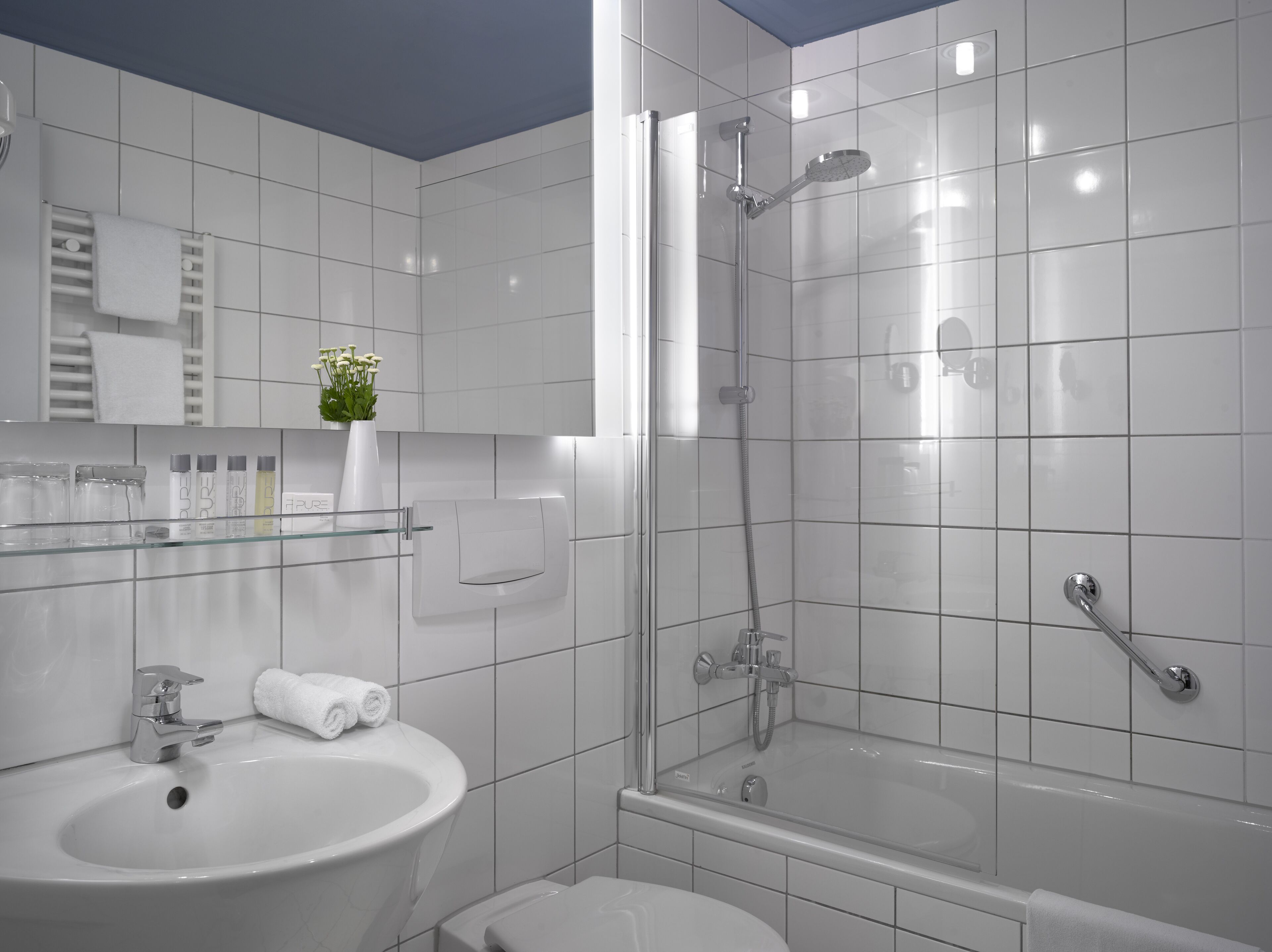 combined shower/bathtub, free toiletries, hair dryer, towels