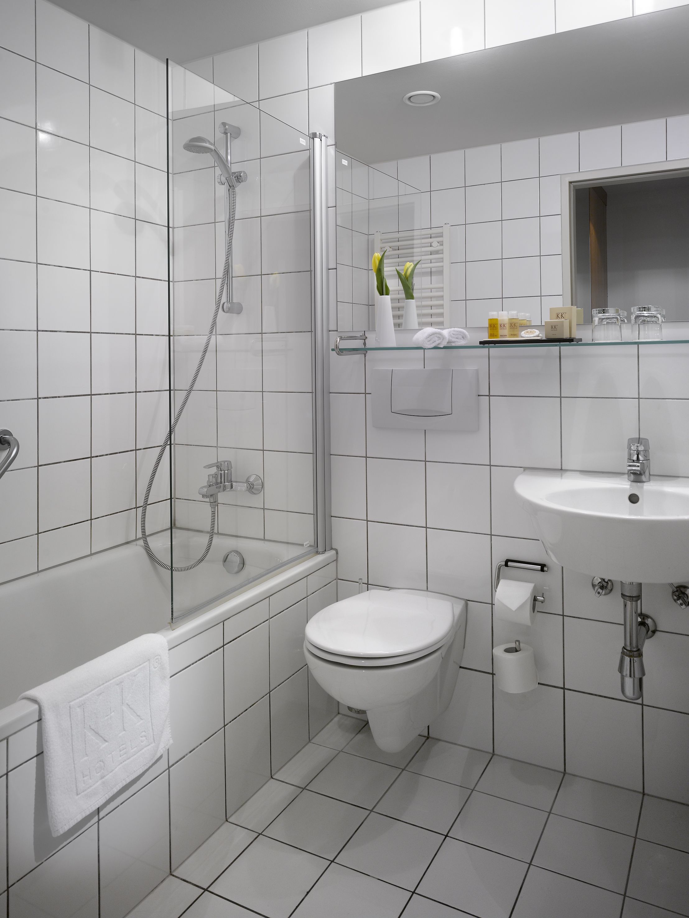 Un baño moderno con ducha envuelta en vidrio, inodoro blanco y lavamanos con espejo superior.