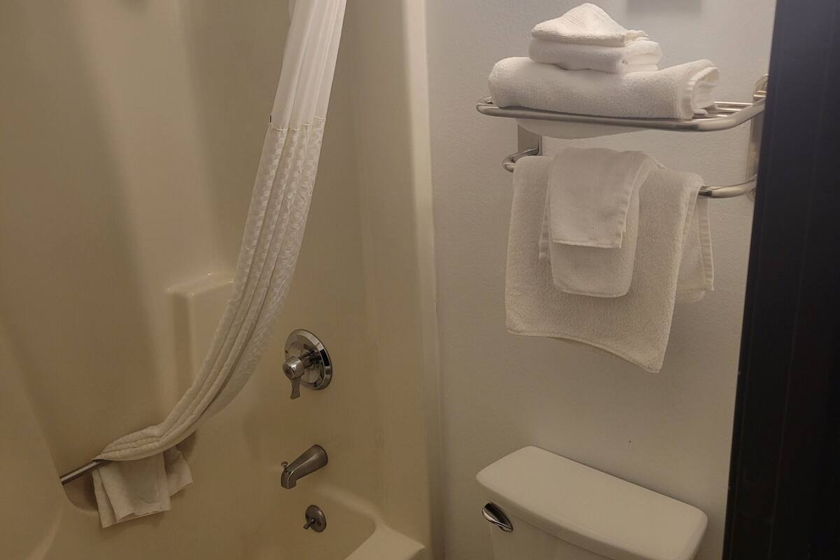 combined shower/bathtub, hair dryer, towels