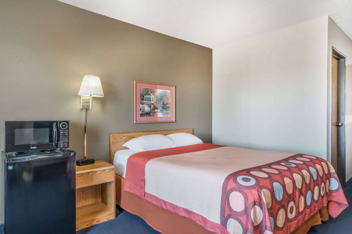 A hotel room with a bed, a TV, a fridge, a lamp, and a picture on the wall.