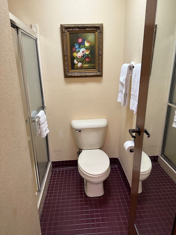 Un baño con inodoro, cabina de ducha de vidrio y un cuadro con flores en la pared.