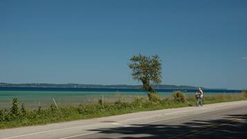 A road with a cyclist, a tree, and a body of water in the background.