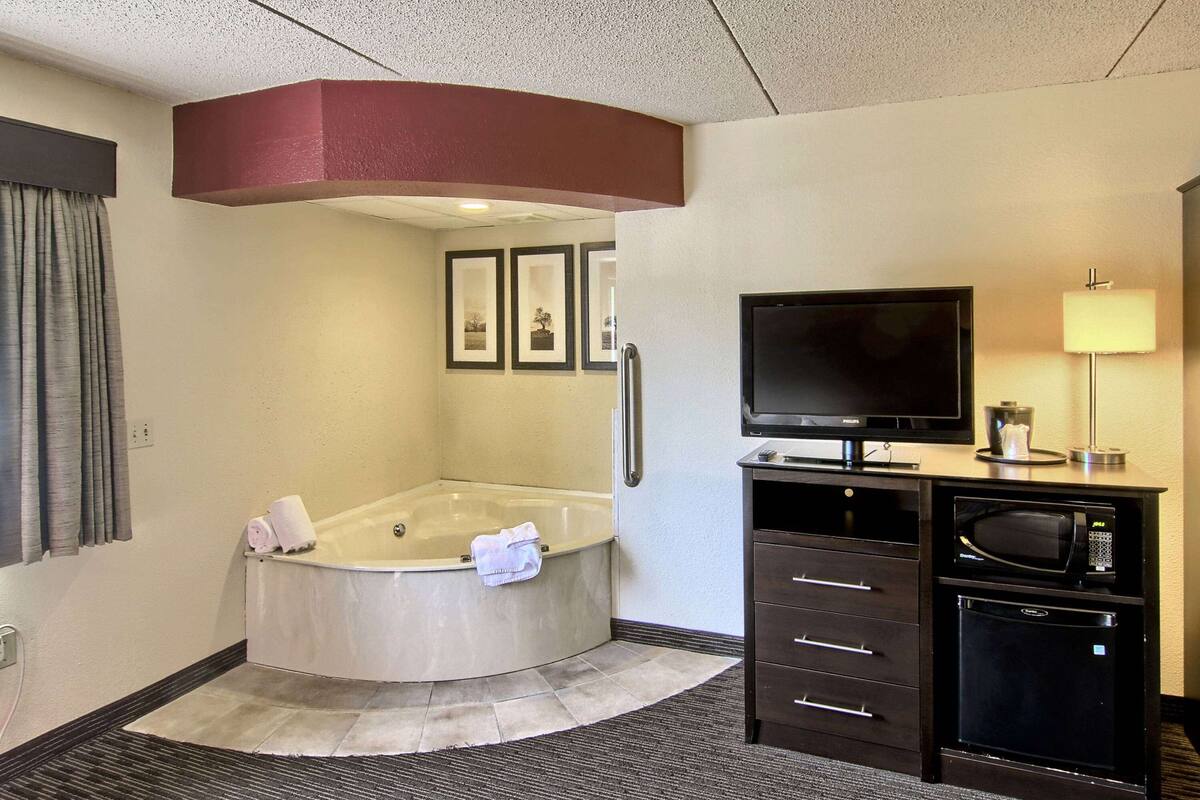 A hotel bathroom with a bathtub, a television, a microwave, and a small refrigerator.