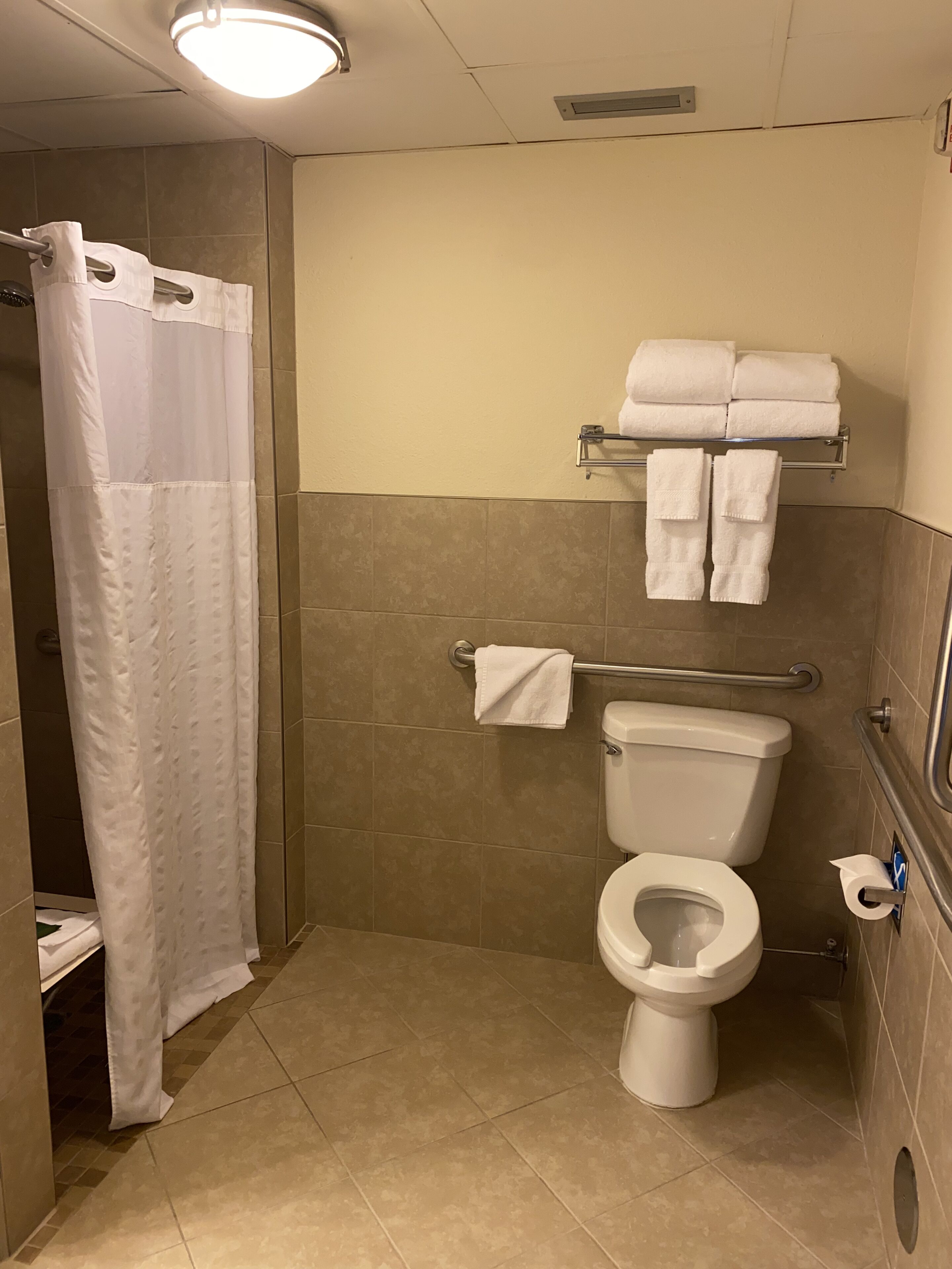 Un baño con ducha, inodoro y toallero.