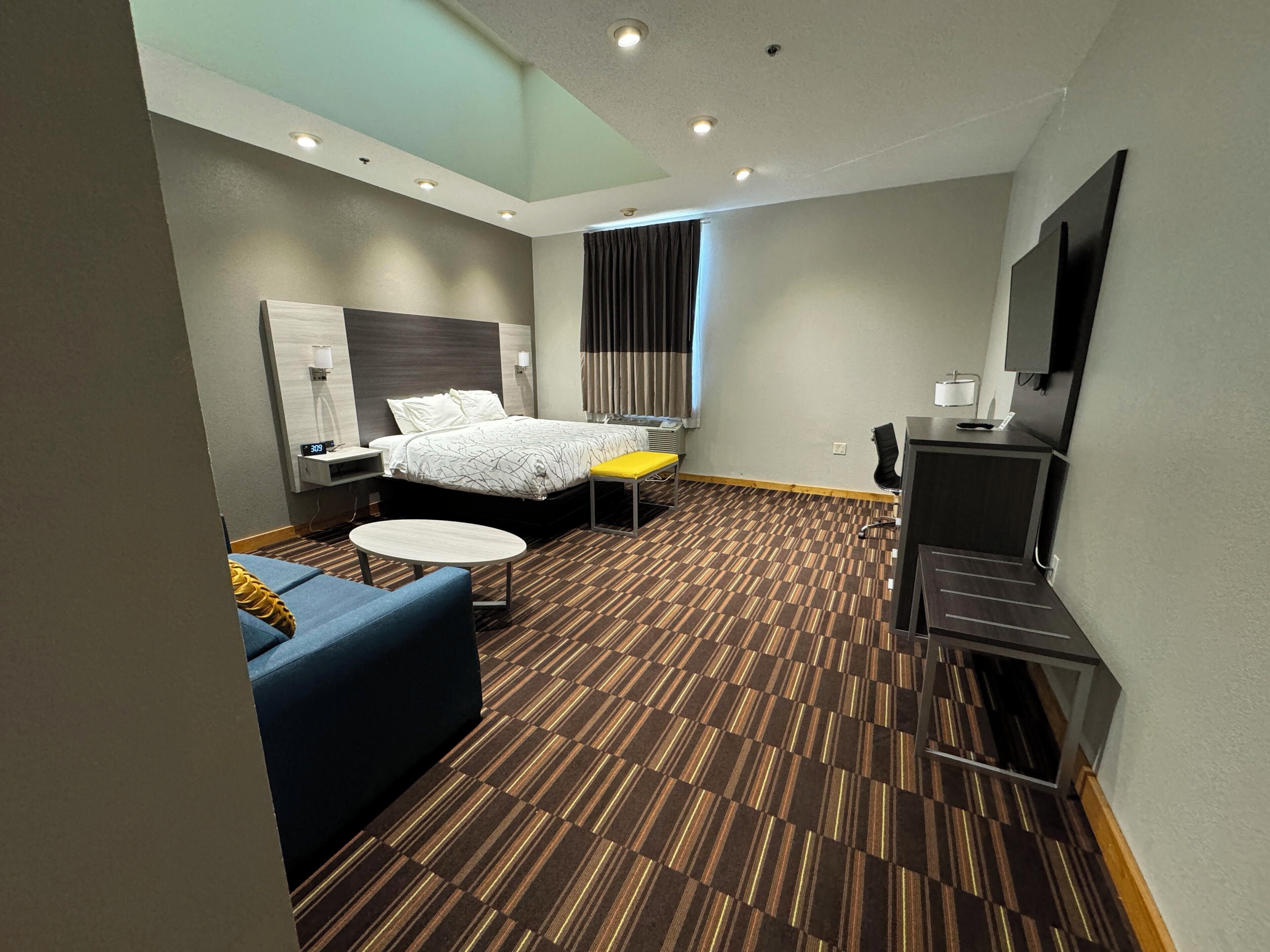 Una habitación de hotel con cama, escritorio, silla, sofá y televisión.