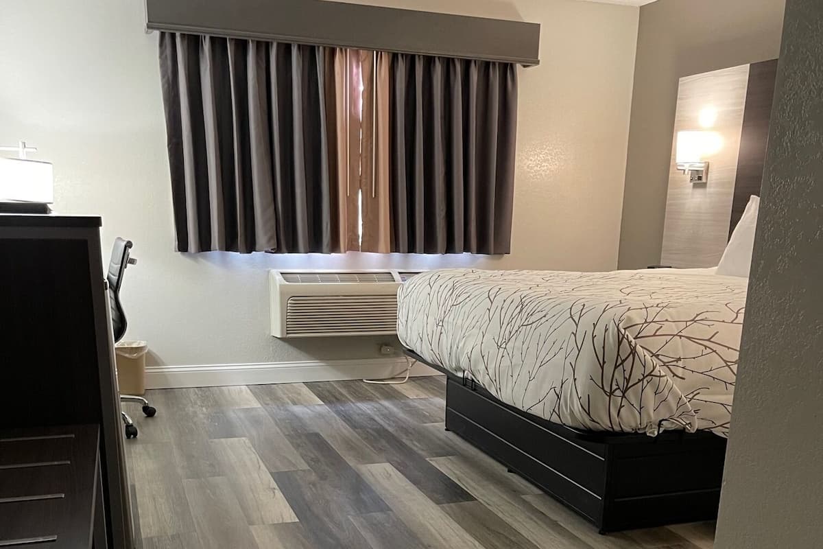 A hotel room with a bed, a desk, a chair, a heater, and a window with curtains.