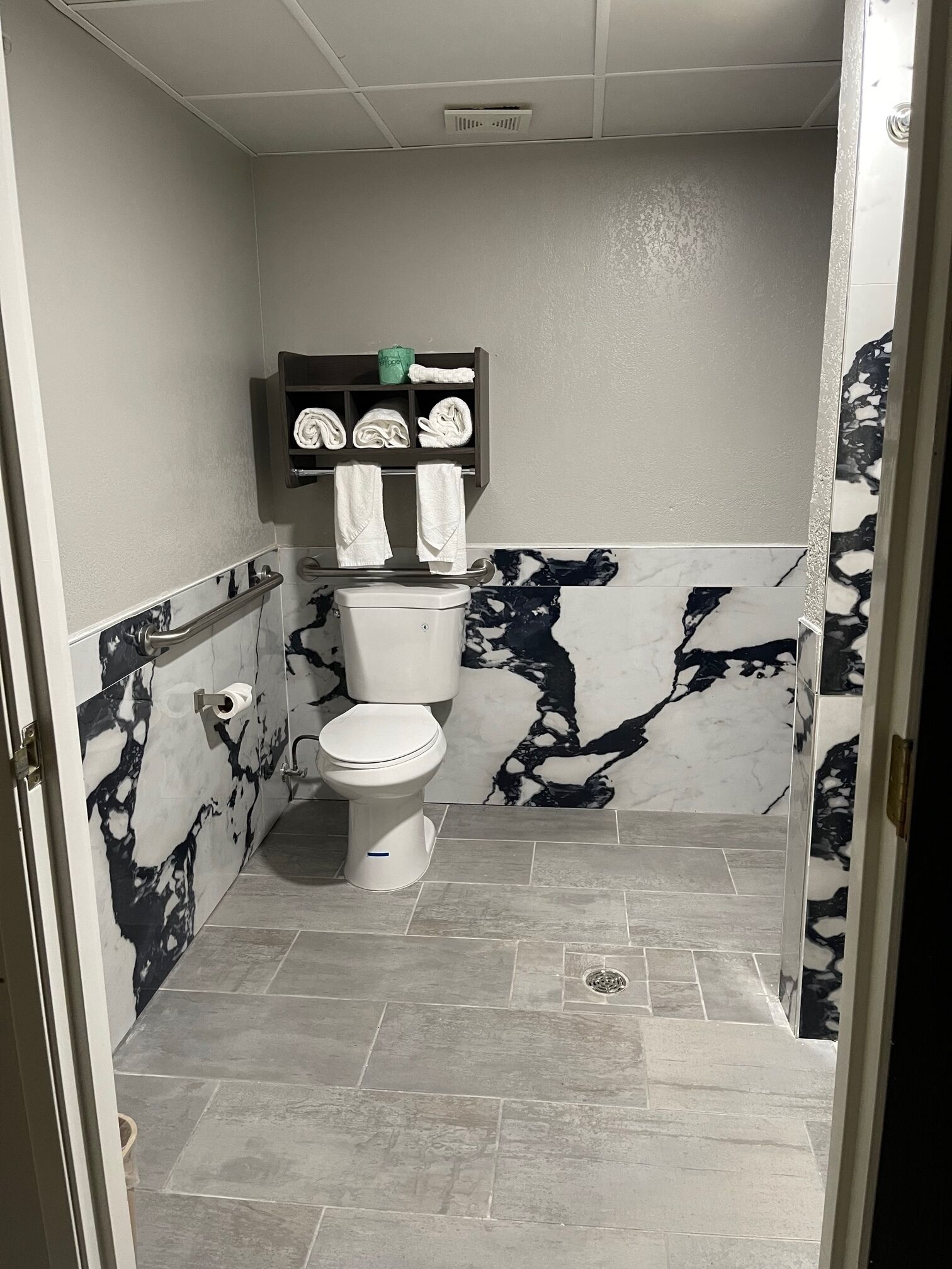 A bathroom with a toilet, marble walls, and a towel rack.