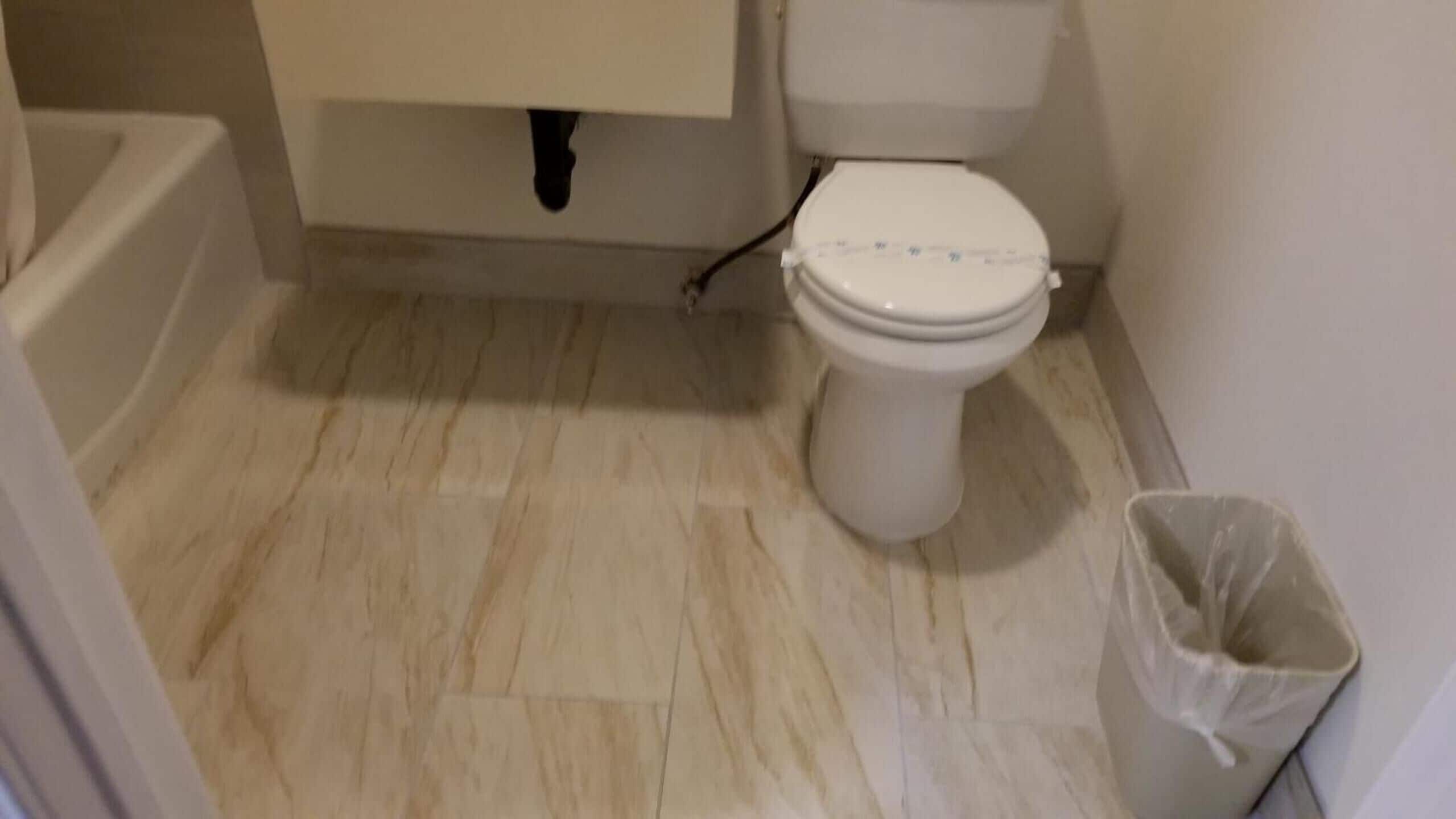 Une salle de bain avec des toilettes, une poubelle et une baignoire.
