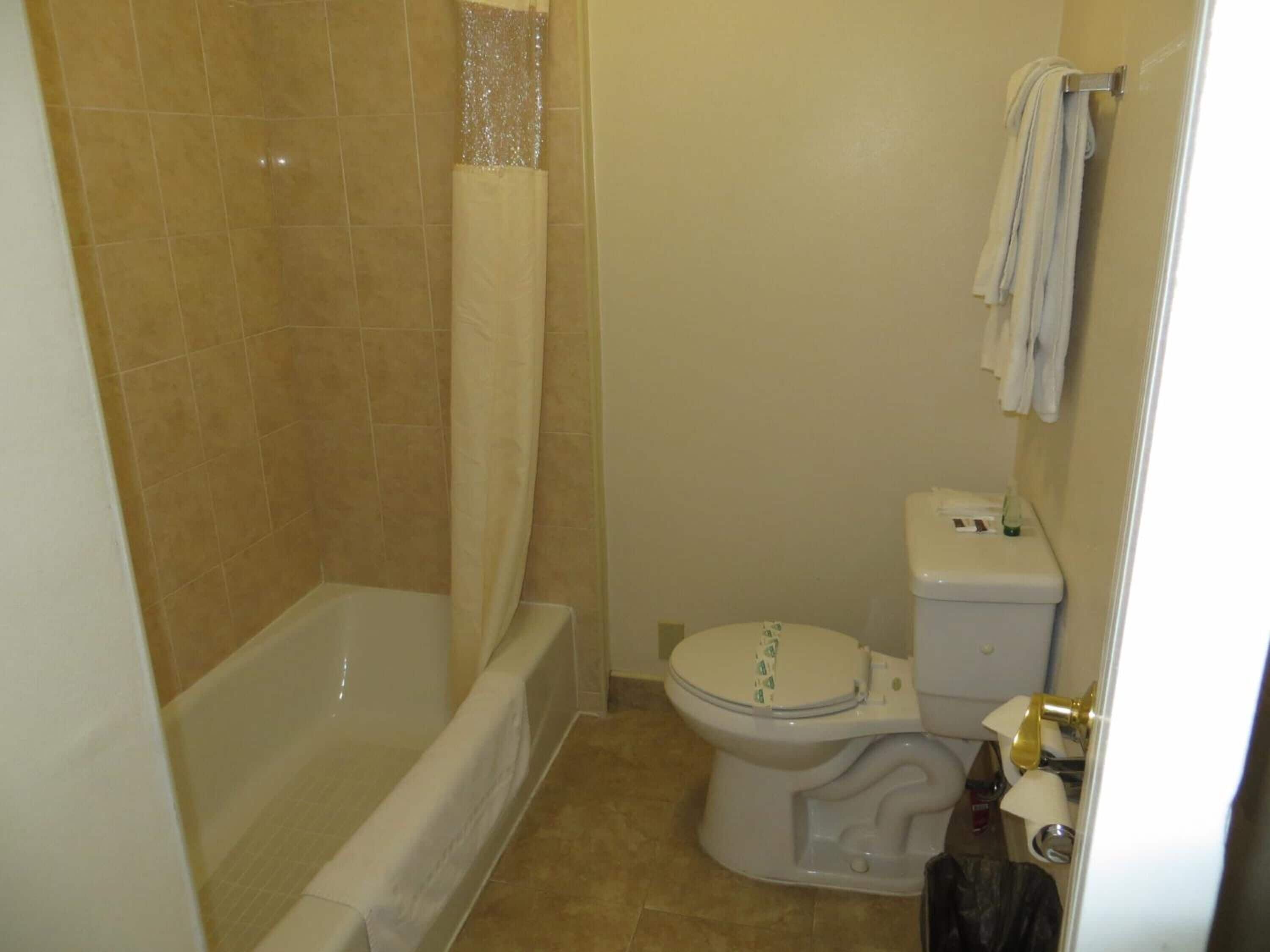Une salle de bain avec une baignoire, des toilettes et un rideau de douche.