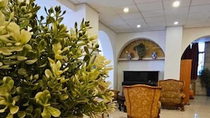 A lobby with a large potted plant, a fireplace, and several armchairs. - Zion Hotel (Jerusalem)