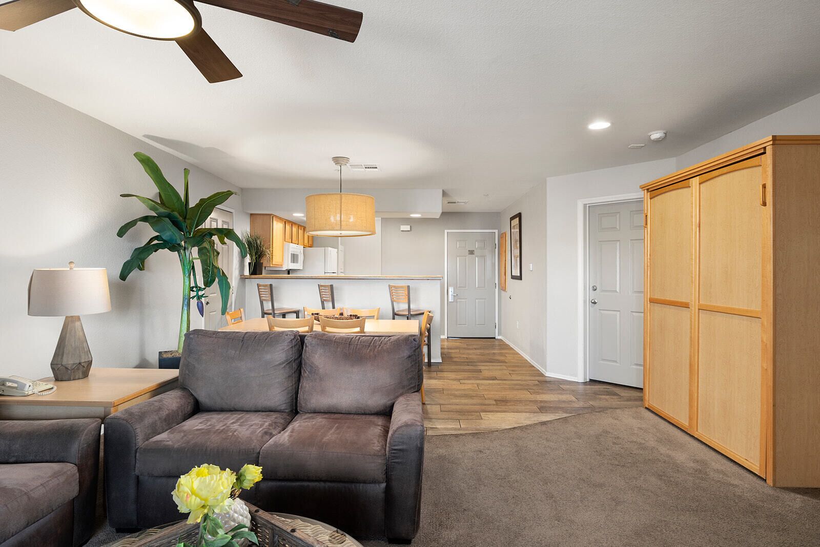 A modern living room with a sofa, a dining area with chairs, a kitchen with cabinets, and a large wooden wardrobe.