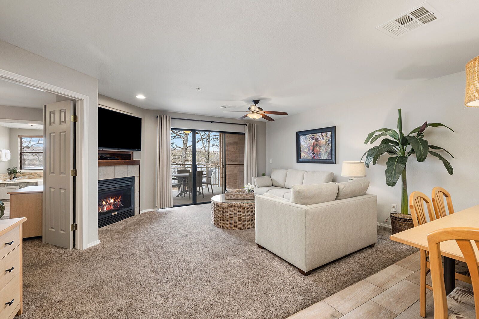 1 Bdrm Lakefront Jacuzzi w/ Fireplace | Living area | TV, DVD player