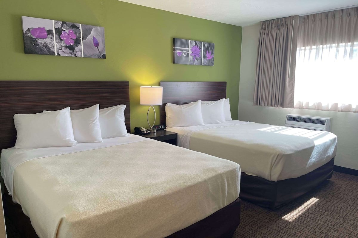 Een hotelkamer met twee bedden, een nachtkastje met een lamp en kunstwerken aan de wanden.