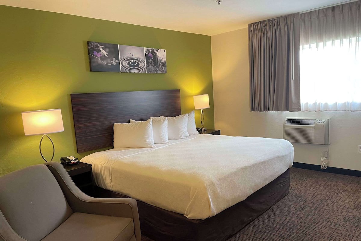Een hotelkamer met een groot bed, twee nachtkastjes met lampen, een stoel, een kunstwerk aan de muur en een airconditioner.