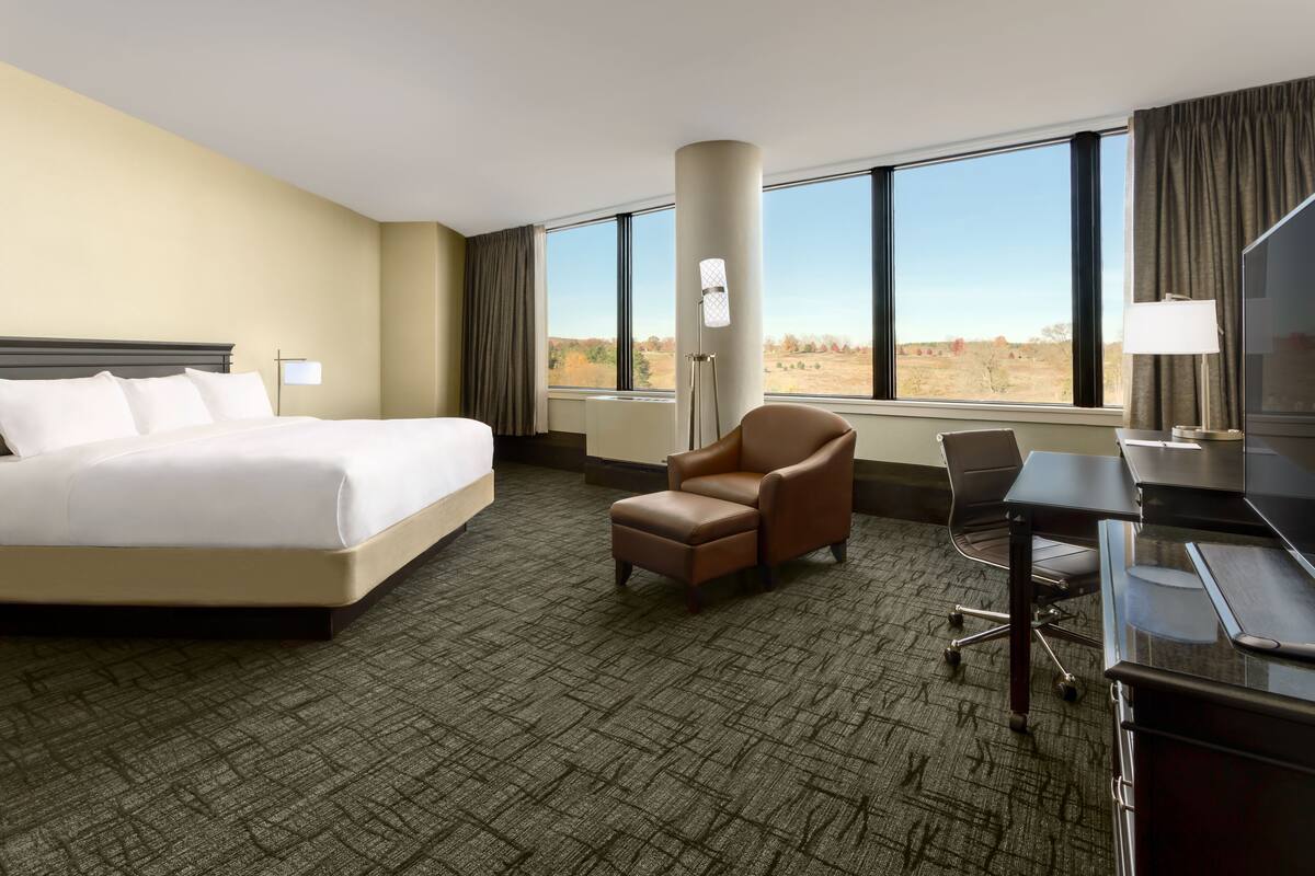 A hotel room with a large bed, a desk, a chair, and a view of the outdoors.