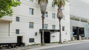 A modern building with a white facade, palm trees, and a black entrance.