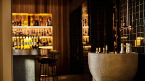 A bar area with a large sink and stools, shelves with bottles, and a dimly lit ambiance. - The Prince (St Kilda)