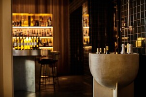 A bar area with a large sink and stools, shelves with bottles, and a dimly lit ambiance.
