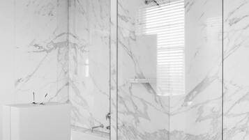 A modern bathroom with a glass-enclosed shower, a white sink, and a toilet.