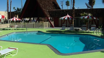 Outdoor pool, pool umbrellas, pool loungers