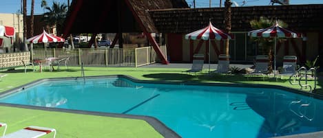 Outdoor pool, pool umbrellas, pool loungers