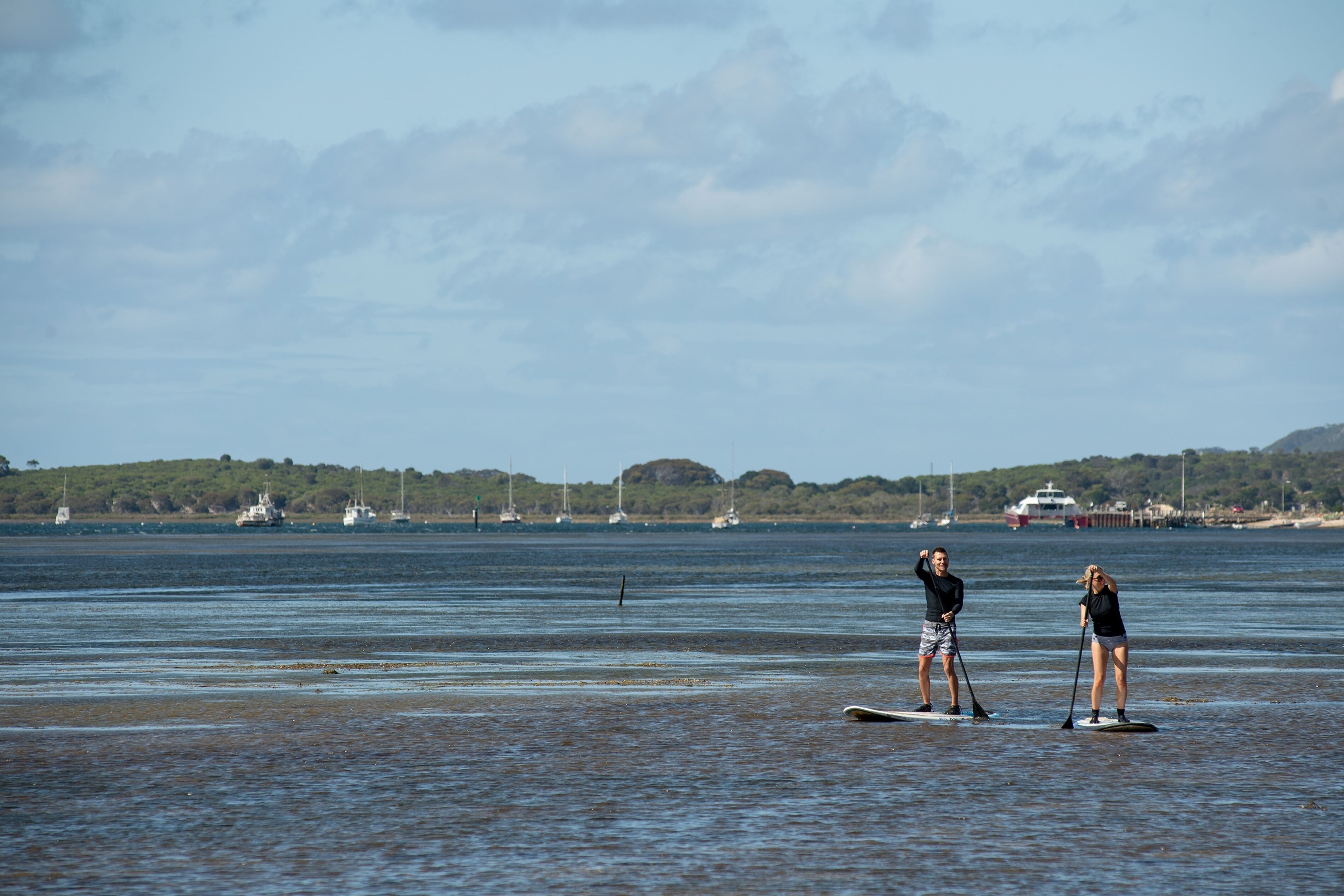 Two people paddleboarding on a calm body of water with boats and a ship in the background.