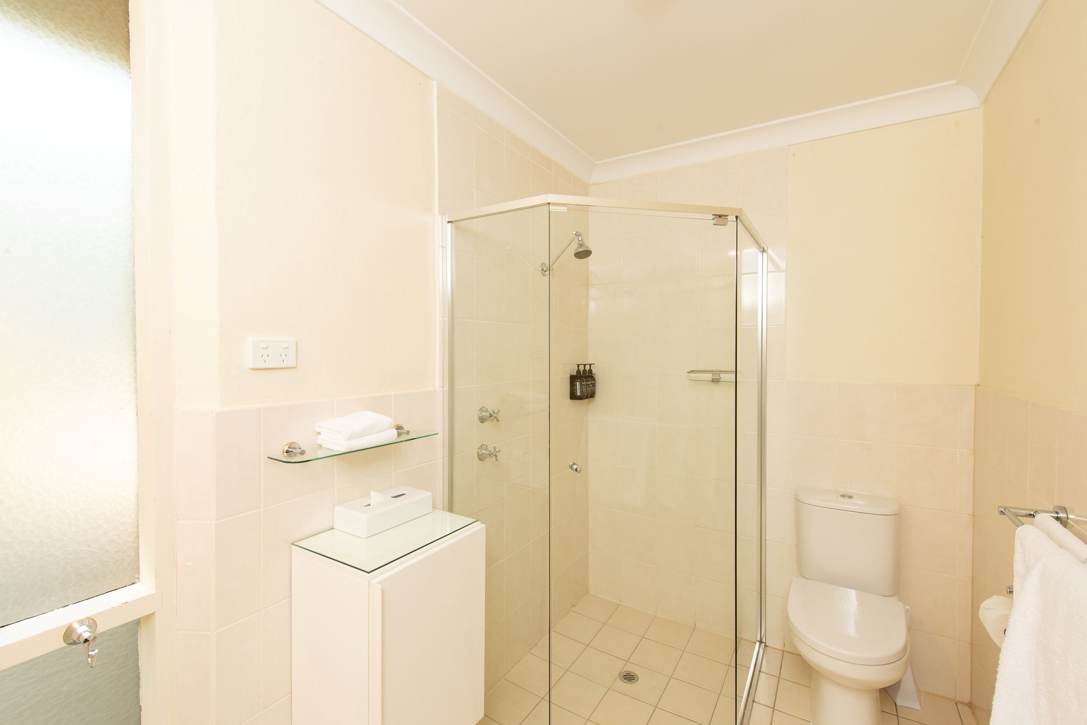 shower, eco-friendly toiletries, hair dryer, towels