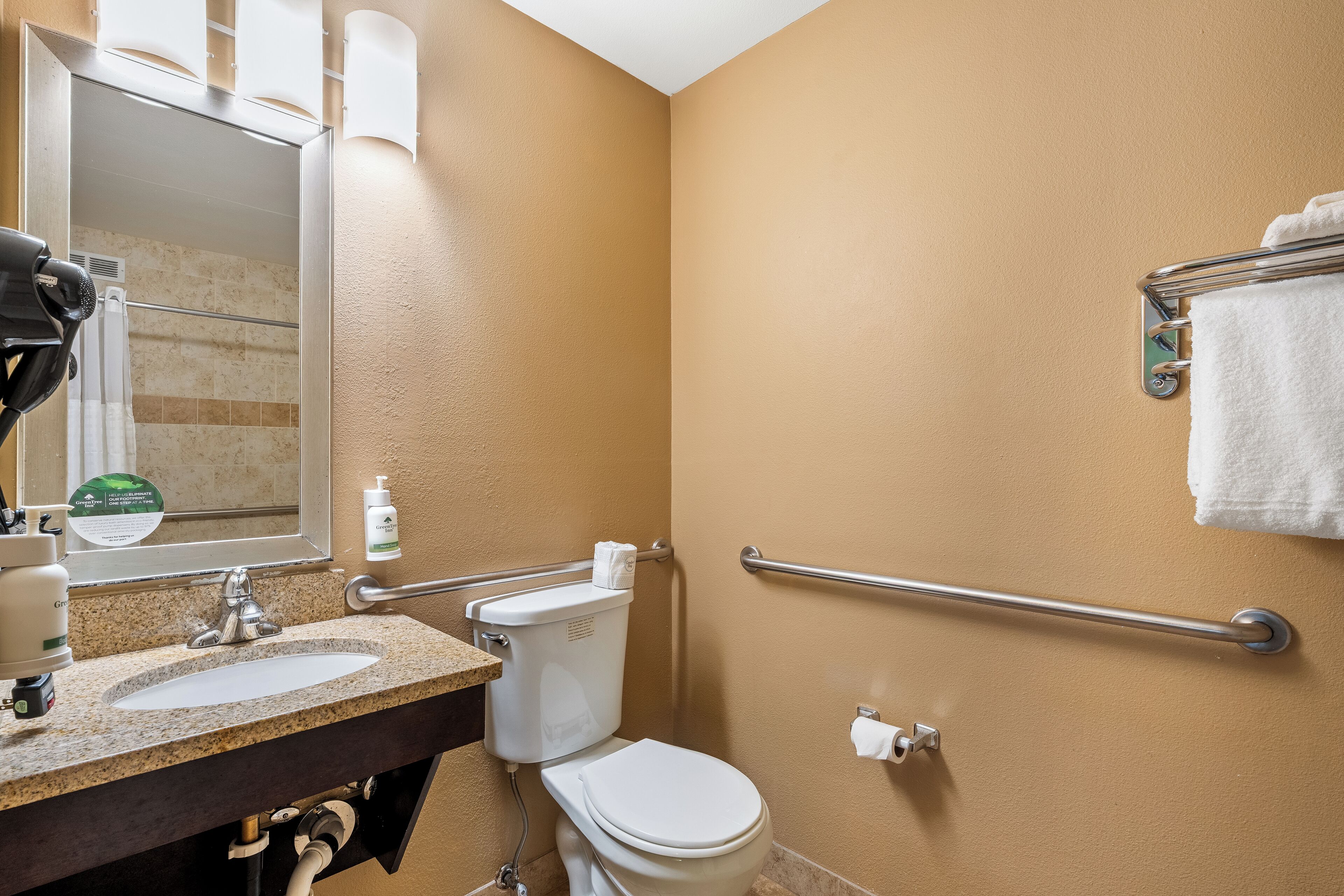 A bathroom with a sink, mirror, toilet, and handrails.