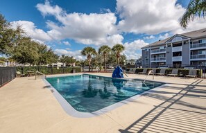 Outdoor pool, open 8:00 AM to 9 PM, pool umbrellas, pool loungers