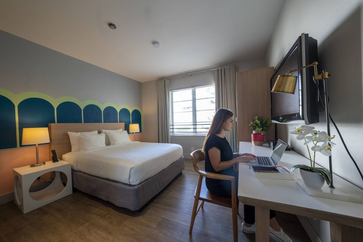 A hotel room with a bed, a desk with a laptop, a TV, a lamp, and a potted plant.