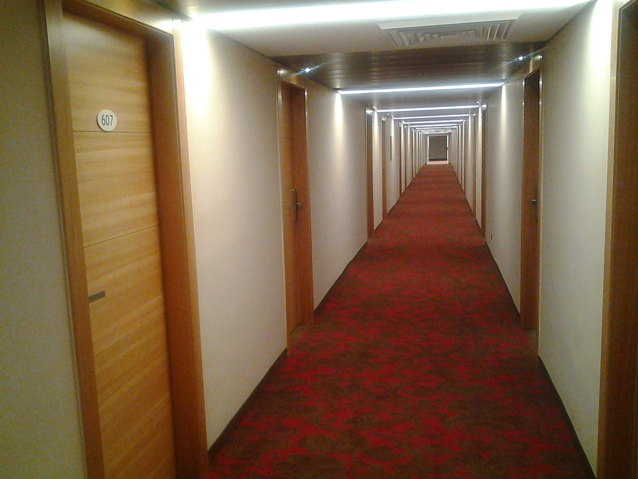 A hotel hallway with a red carpet, wooden doors, and a sign indicating room number 607.