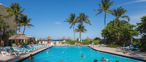 Indoor pool, outdoor pool, open 9 AM to 7:00 PM, free pool cabanas