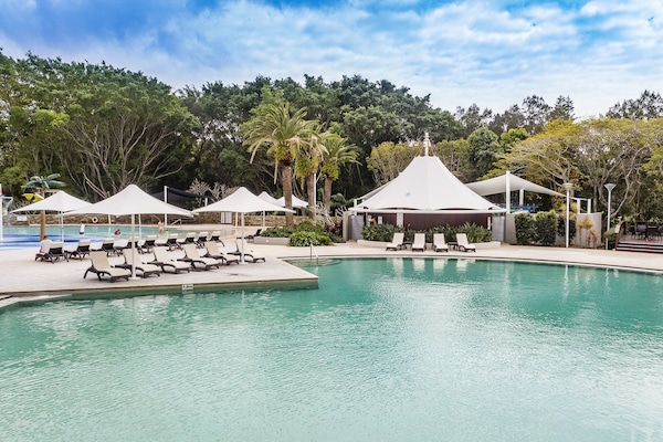 Outdoor pool, pool umbrellas, pool loungers
