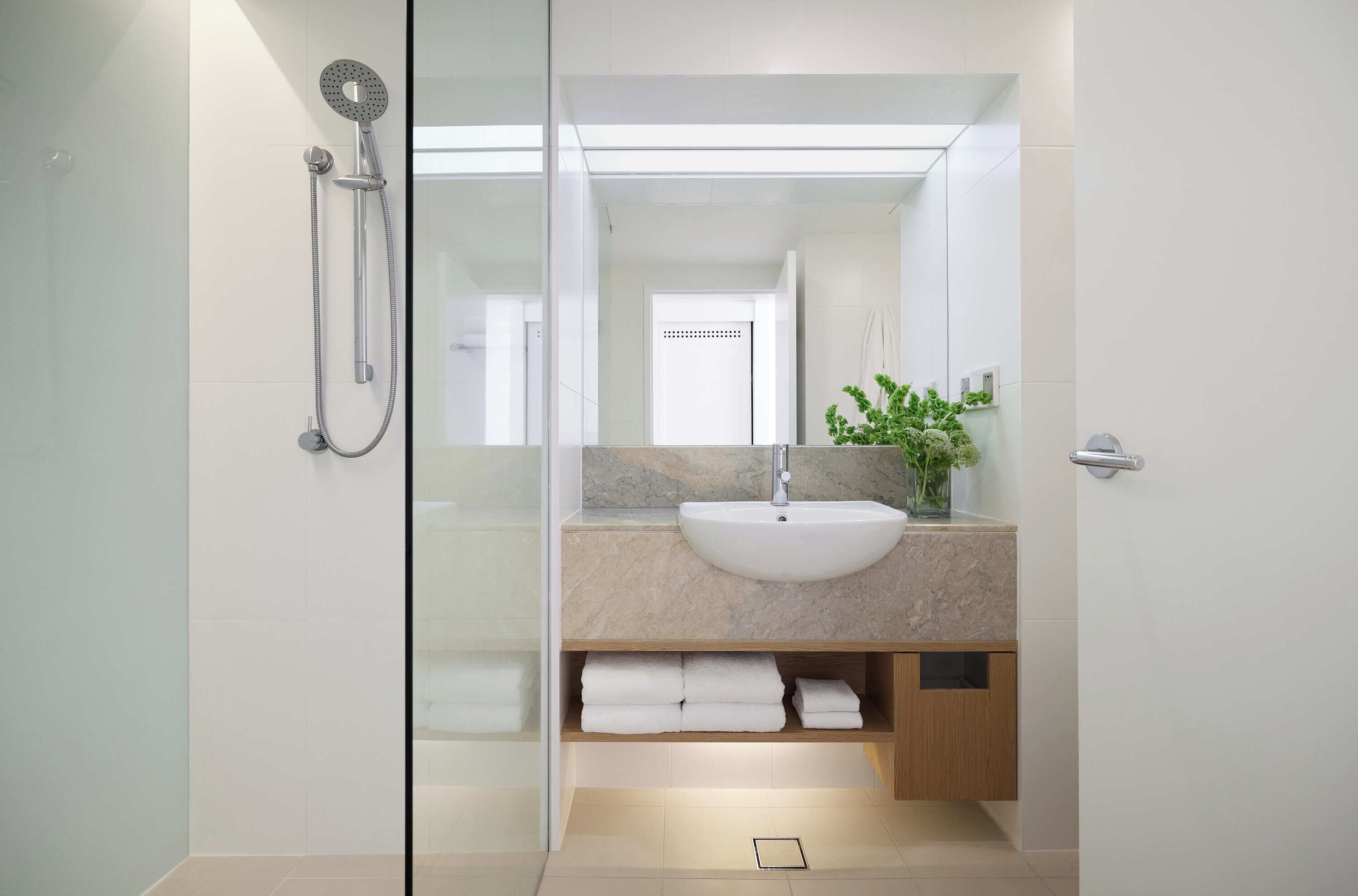 Un baño moderno con cabina de ducha de vidrio, un lavabo blanco y una planta en la encimera.