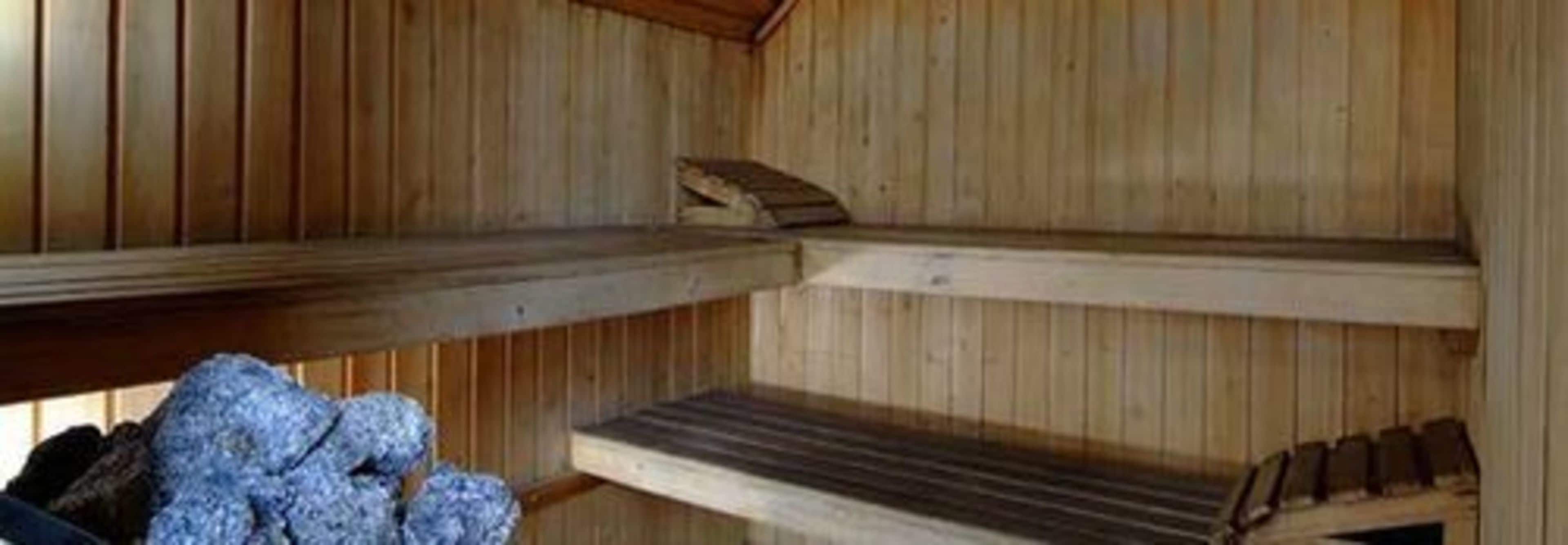 Eine Sauna mit Holzbänken und einer Liege mit Rückenlehne.