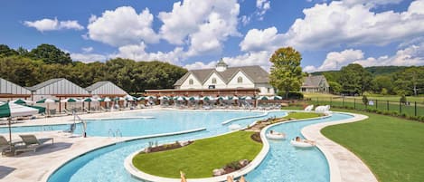 Outdoor pool, pool umbrellas, pool loungers