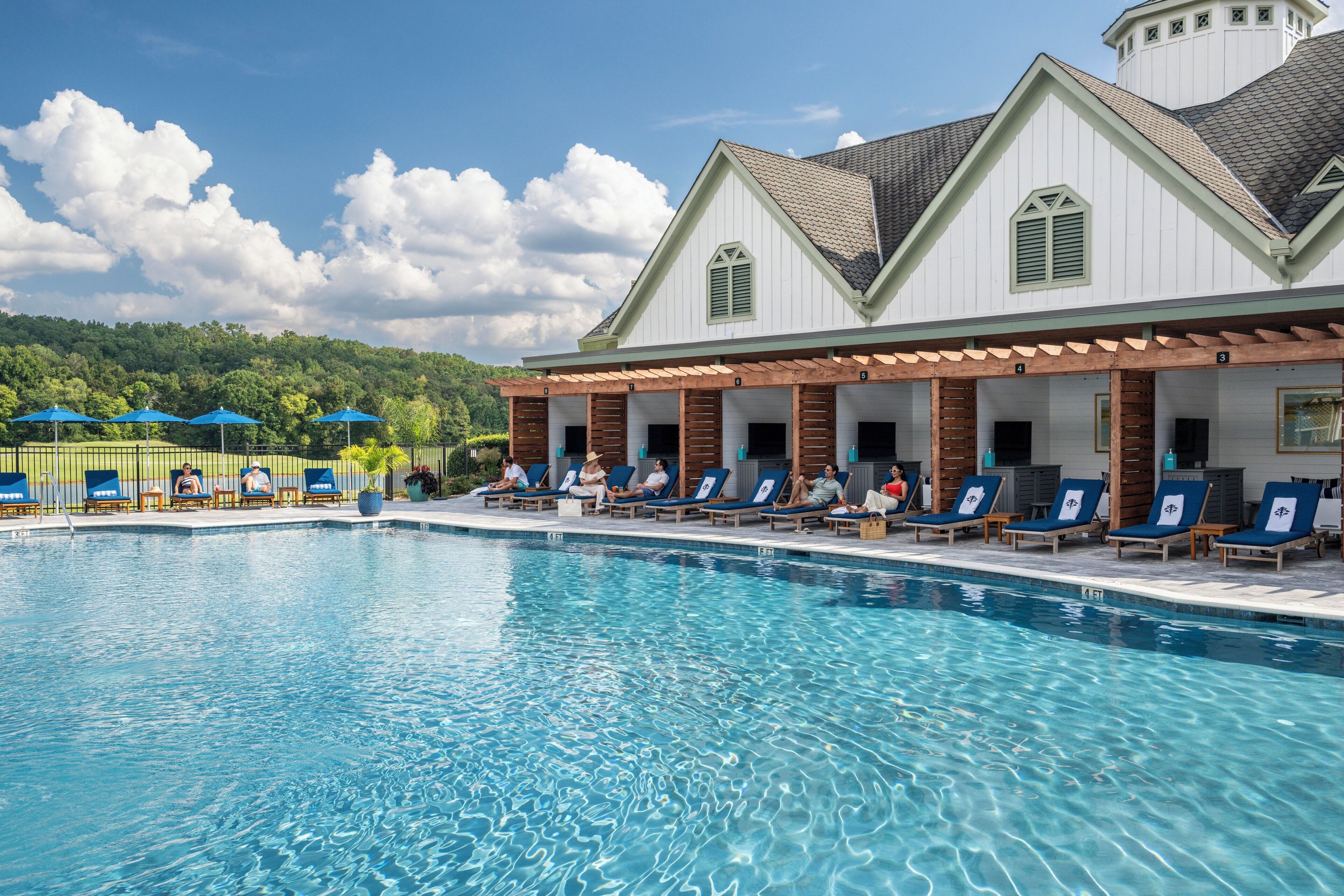 Outdoor pool, pool umbrellas, pool loungers