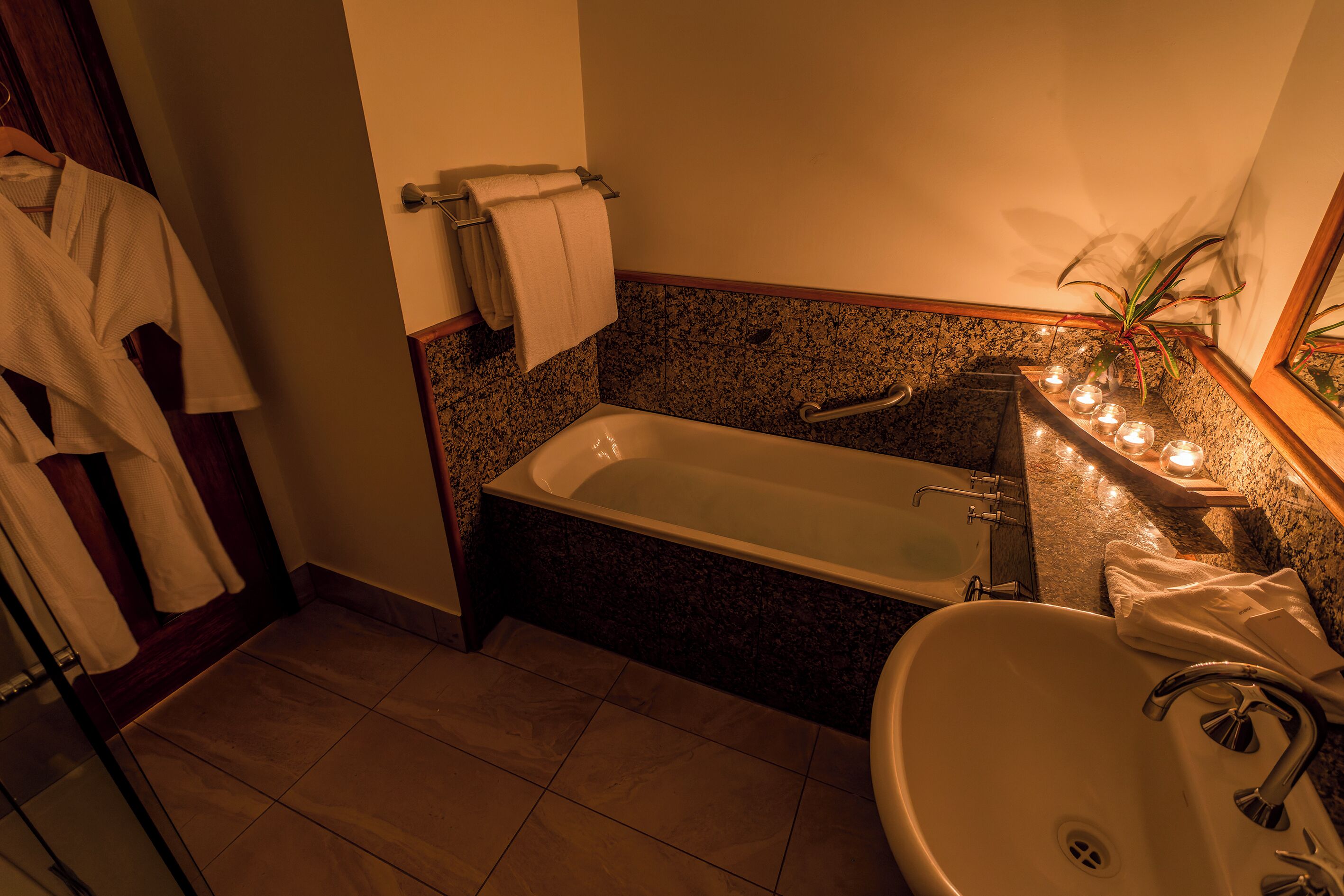 separate bathtub and shower, free toiletries, hair dryer, towels