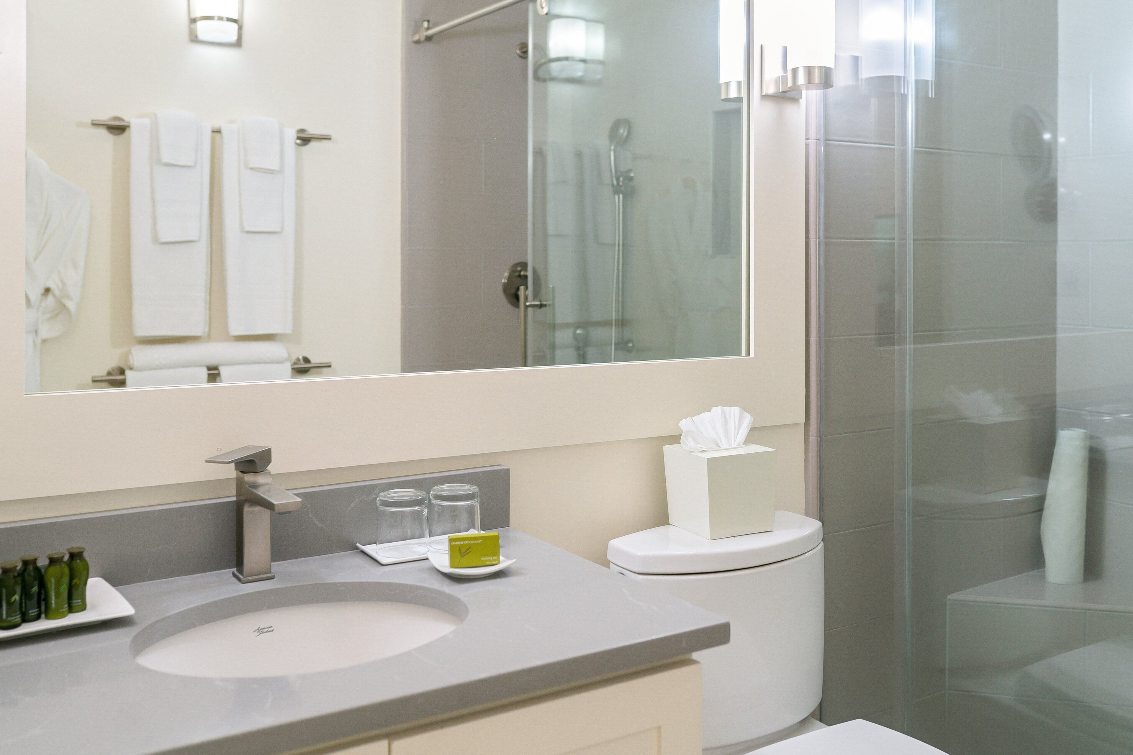 Un baño moderno con un espejo grande, un lavabo, un inodoro y una ducha con cerramiento de vidrio.
