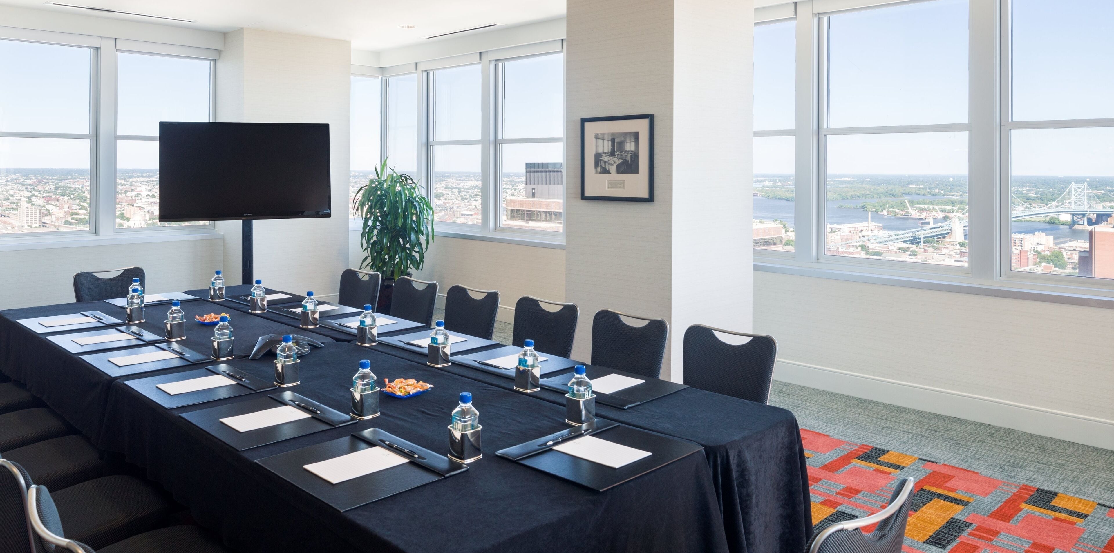 A conference room with a long table, chairs, a flat-screen TV, a plant, and a framed picture on the wall.