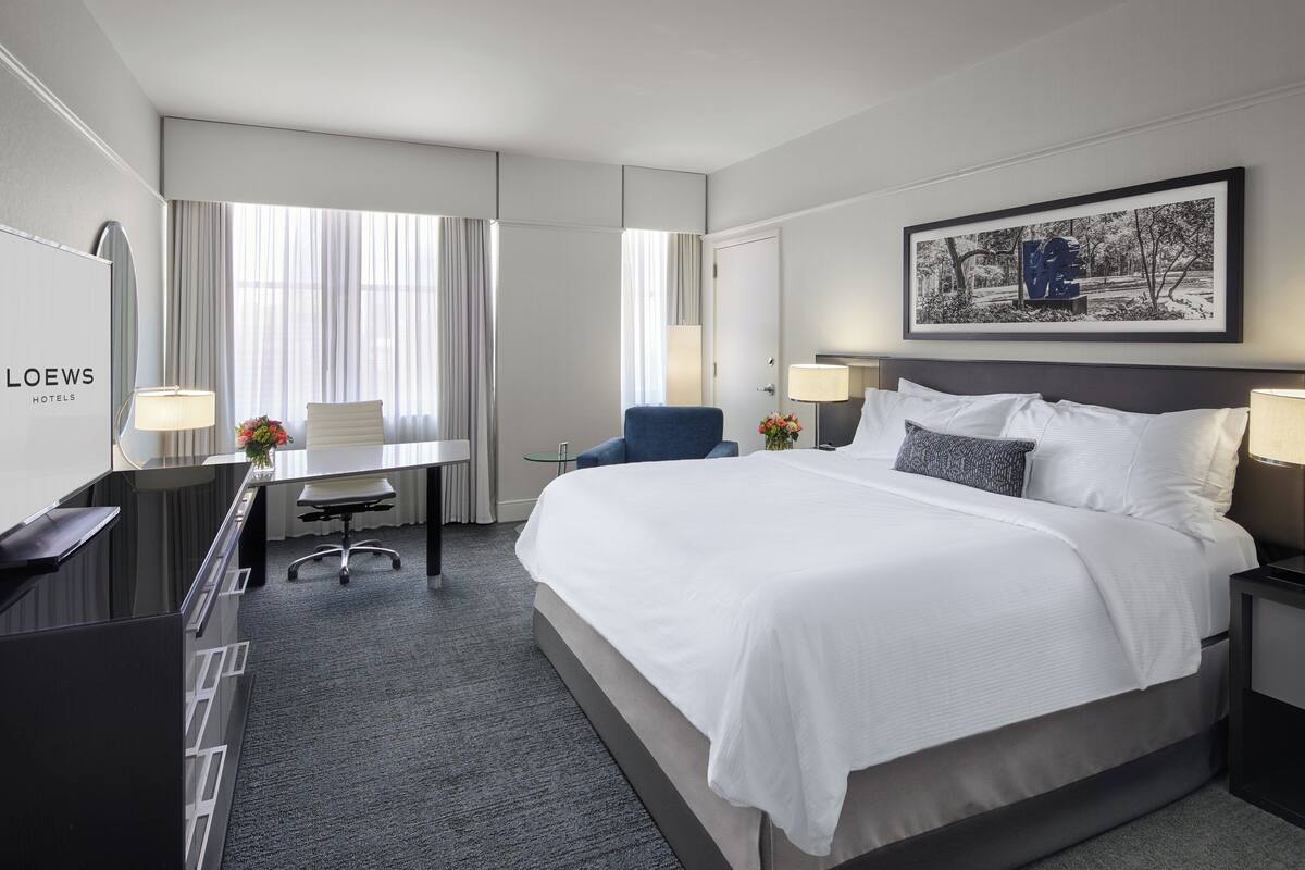 A hotel room with a large bed, a desk, a chair, a TV, and a framed picture on the wall.
