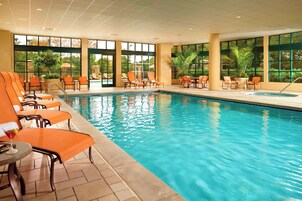 Indoor pool, outdoor pool, pool umbrellas, sun loungers