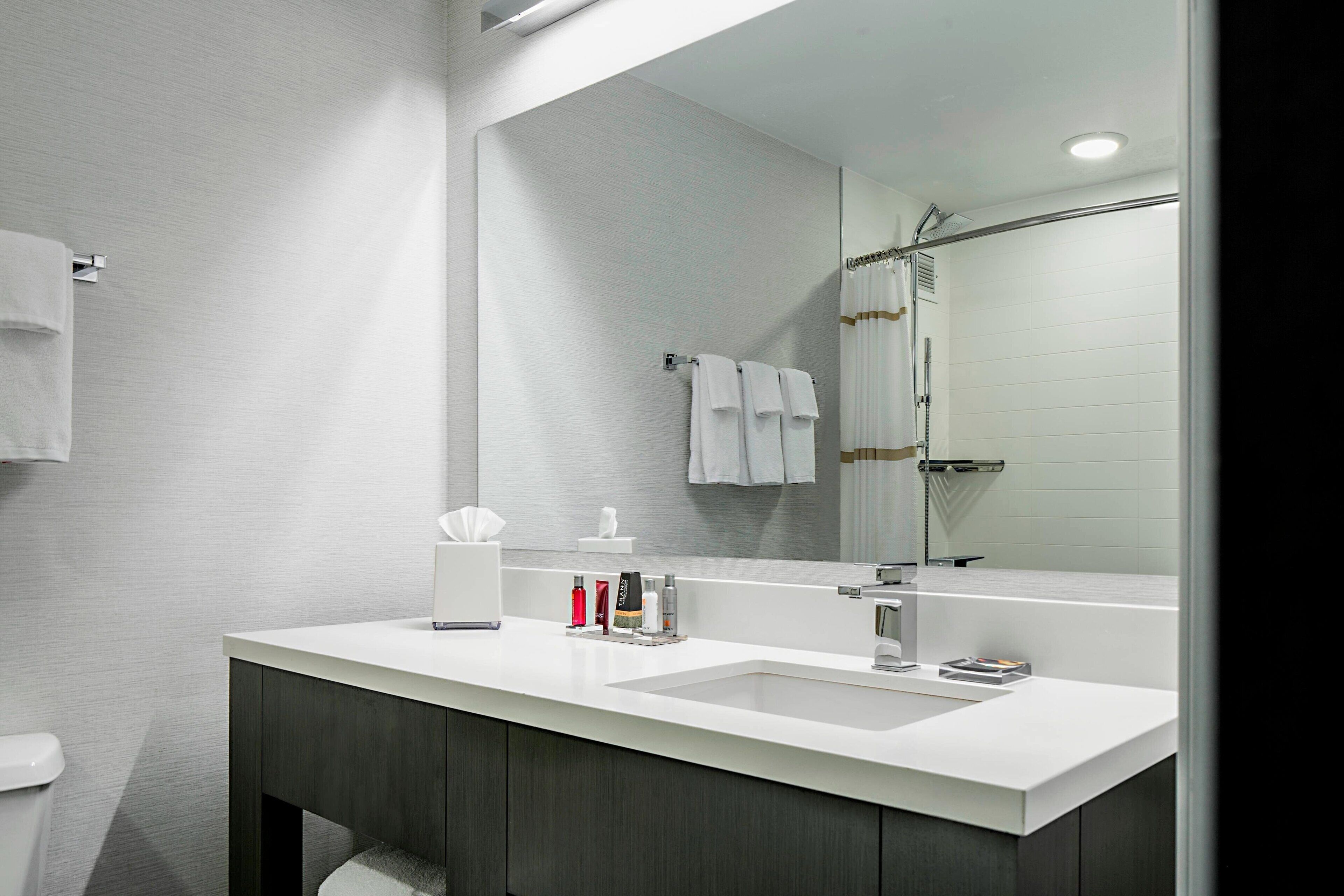 combined shower/bathtub, rainfall showerhead, designer toiletries