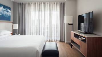 A hotel room with a large bed, a TV on a wooden cabinet, a bedside table with a lamp, and sheer curtains.