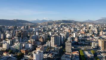 A cityscape with numerous buildings, roads, and a distant mountain range.