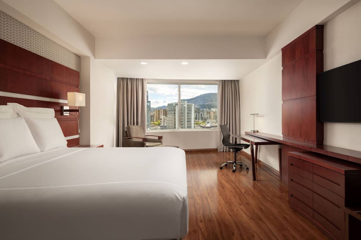 A hotel room with a large bed, a desk, a chair, a TV, and a window with a city view.