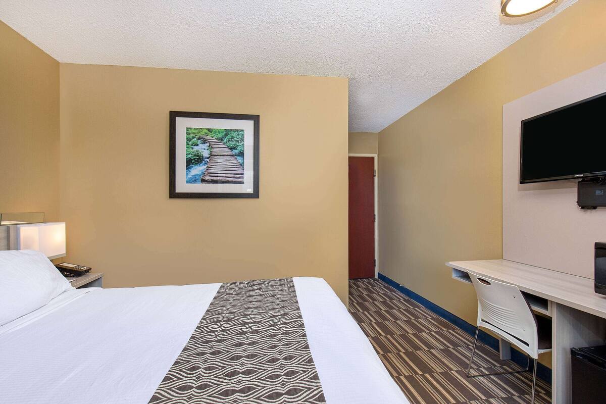 A hotel room with a bed, a desk, a TV, and a framed picture on the wall.
